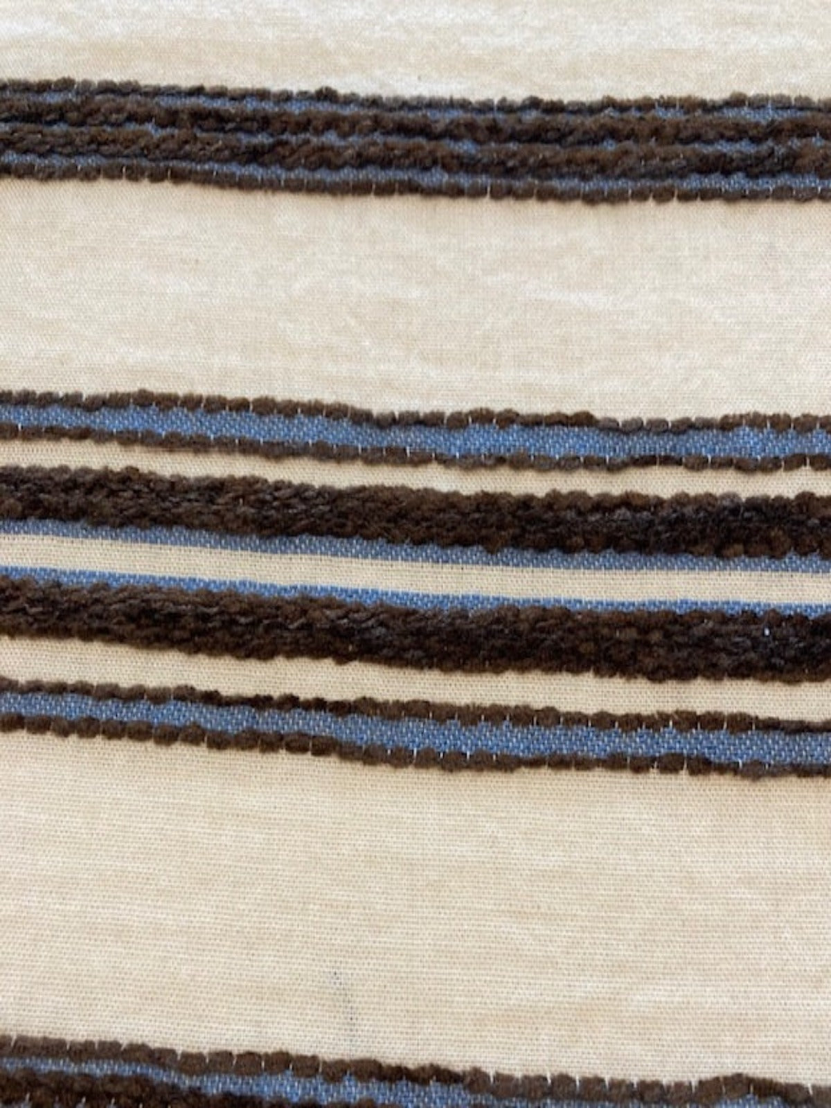 Brown & Blue Raised Embroidered Stripe on Cream Cotton, Stripes Run Across the fabric