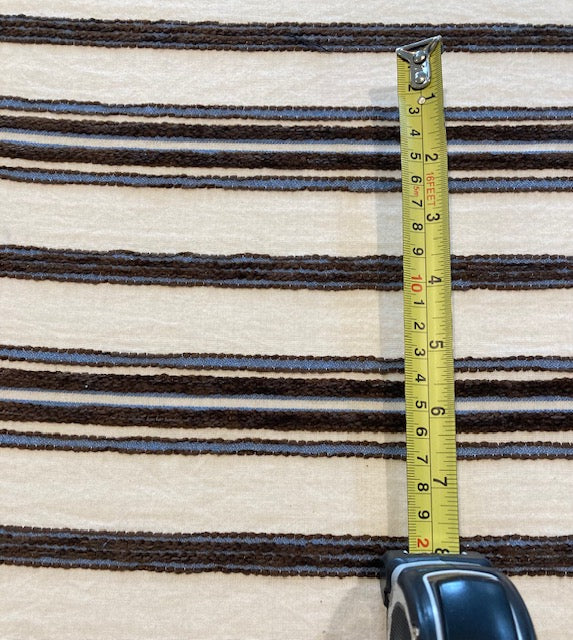Brown & Blue Raised Embroidered Stripe on Cream Cotton, Stripes Run Across the fabric