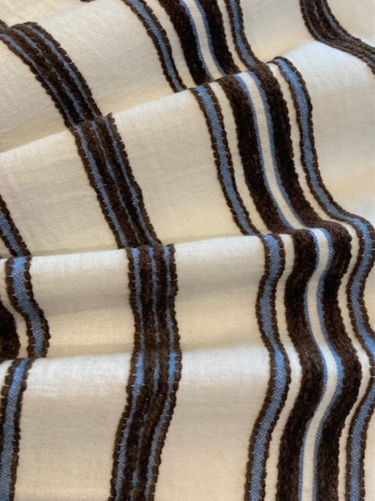 Brown & Blue Raised Embroidered Stripe on Cream Cotton, Stripes Run Across the fabric
