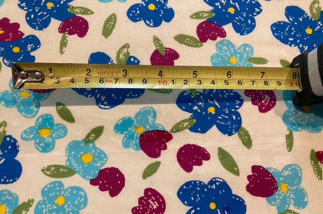 Blue & Cerise Blotched flowers on Cream Cotton Lawn