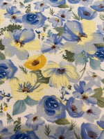 Blue/Yellow Watercolour Roses & Poppies on Cotton Lawn