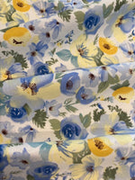 Blue/Yellow Watercolour Roses & Poppies on Cotton Lawn