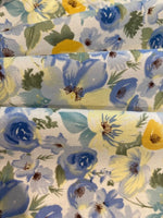 Blue/Yellow Watercolour Roses & Poppies on Cotton Lawn