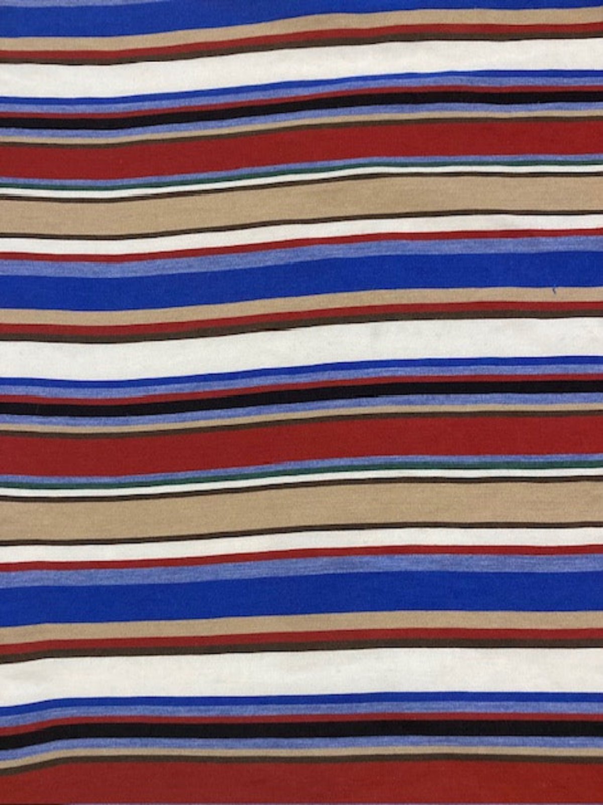 Blue/Red/Coffee Woven Cotton lightweight Stripe. Stripes run across the fabric.