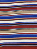 Blue/Red/Coffee Woven Cotton lightweight Stripe. Stripes run across the fabric.