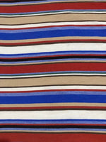 Blue/Red/Coffee Woven Cotton lightweight Stripe. Stripes run across the fabric.