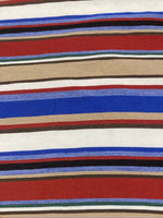 Blue/Red/Coffee Woven Cotton lightweight Stripe. Stripes run across the fabric.