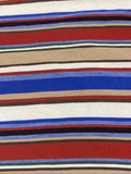 Blue/Red/Coffee Woven Cotton lightweight Stripe. Stripes run across the fabric.