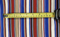 Blue/Red/Coffee Woven Cotton lightweight Stripe. Stripes run across the fabric.