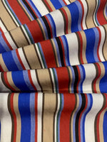 Blue/Red/Coffee Woven Cotton lightweight Stripe. Stripes run across the fabric.