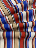 Blue/Red/Coffee Woven Cotton lightweight Stripe. Stripes run across the fabric.