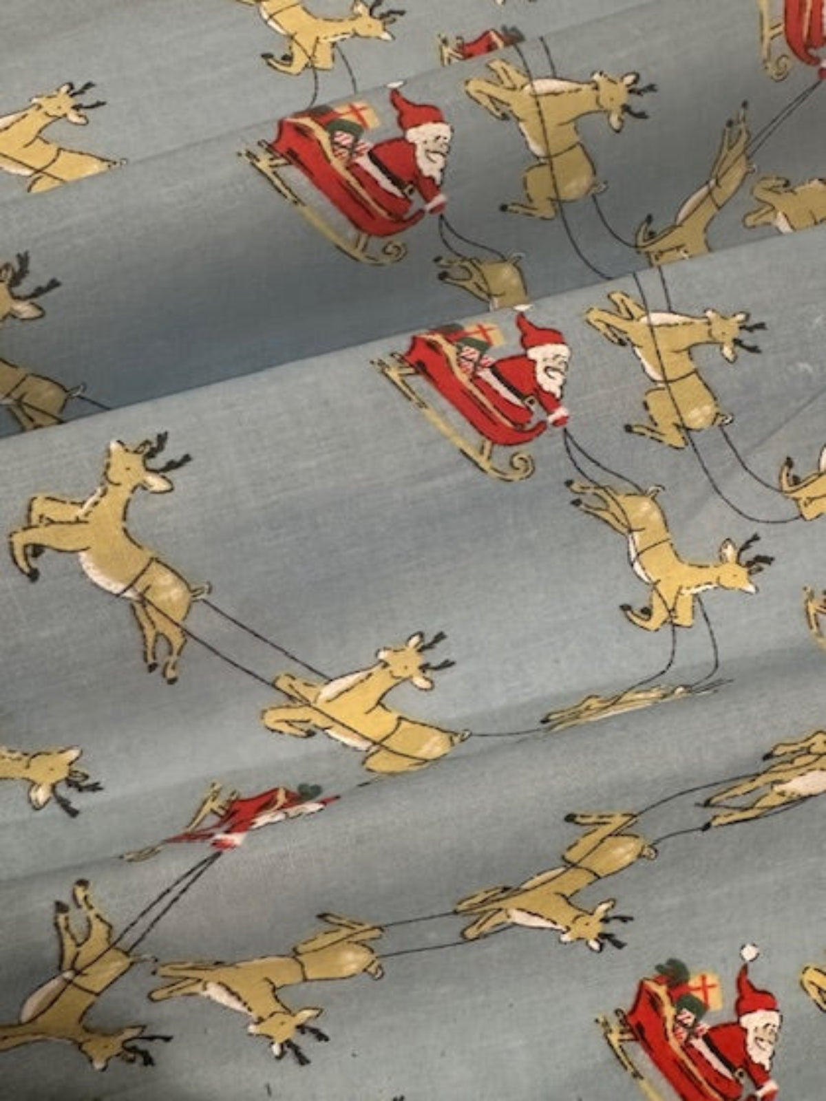 Santa Sleigh & Reindeer on Blue Poly/Cotton