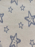 Blue Smiling Stars on White Cotton