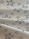 Blue Smiling Stars on White Cotton