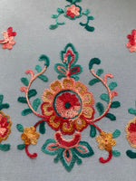 Teal/Gold/Red Embroidery on Sky Blue. Embroidery Runs Along Each Edge of Fabric as a Border