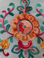 Teal/Gold/Red Embroidery on Sky Blue. Embroidery Runs Along Each Edge of Fabric as a Border