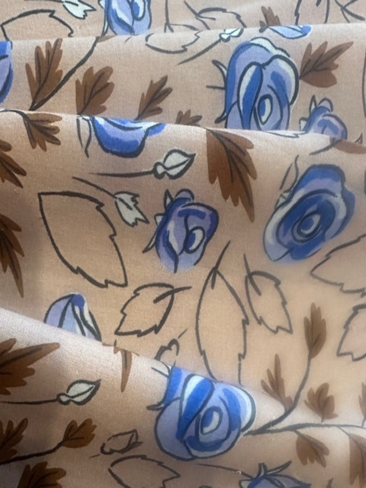 Blue Roses on Coffee Cotton Lawn