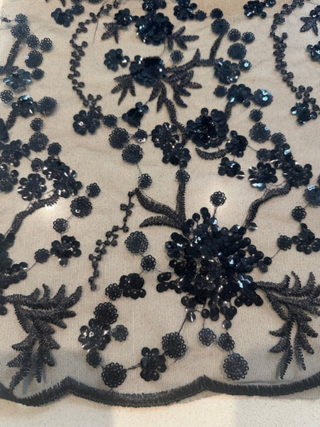 Black Sequin and Embroidery On Mesh with Scalloped Edge