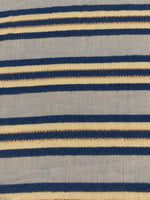 Blue Raised Stripe on Sky Blue with Bronze Lurex. Stripes run across the fabric. Lightweight.