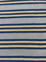 Blue Raised Stripe on Sky Blue with Bronze Lurex. Stripes run across the fabric. Lightweight.