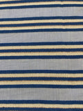 Blue Raised Stripe on Sky Blue with Bronze Lurex. Stripes run across the fabric. Lightweight.