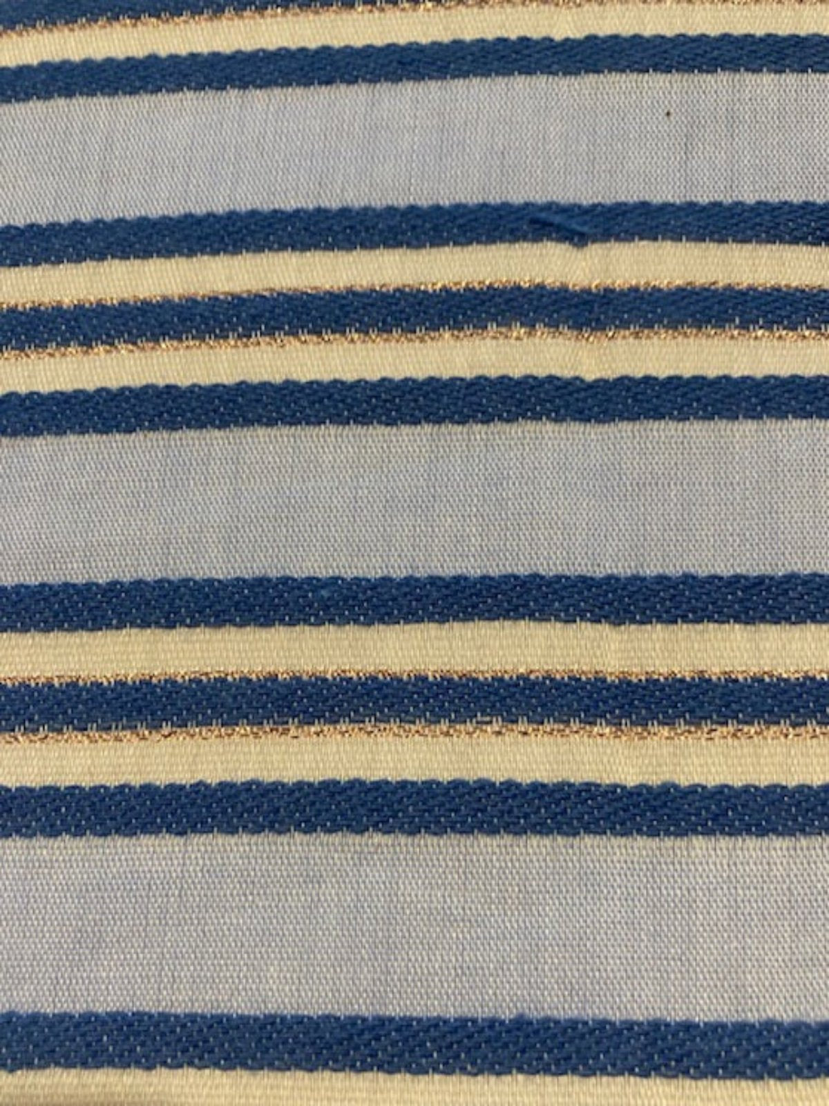 Blue Raised Stripe on Sky Blue with Bronze Lurex. Stripes run across the fabric. Lightweight.