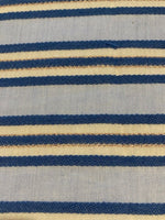 Blue Raised Stripe on Sky Blue with Bronze Lurex. Stripes run across the fabric. Lightweight.