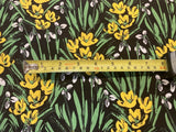 Yellow Buttercup Bunches with Green Leaves on Black Cotton Lawn