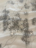 Black Trailing Leaf Print on White Yoryu Silk Chiffon