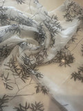 Black Trailing Leaf Print on White Yoryu Silk Chiffon