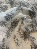 Black Trailing Leaf Print on White Yoryu Silk Chiffon