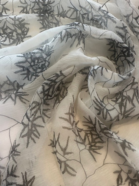 Black Trailing Leaf Print on White Yoryu Silk Chiffon