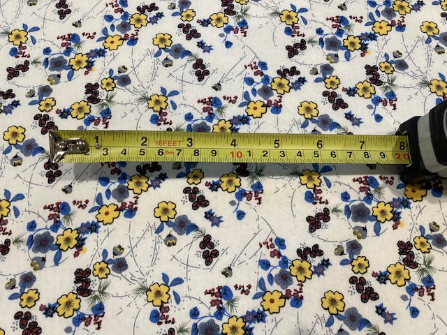 Blue & Yellow Flowers on White Cotton Lawn