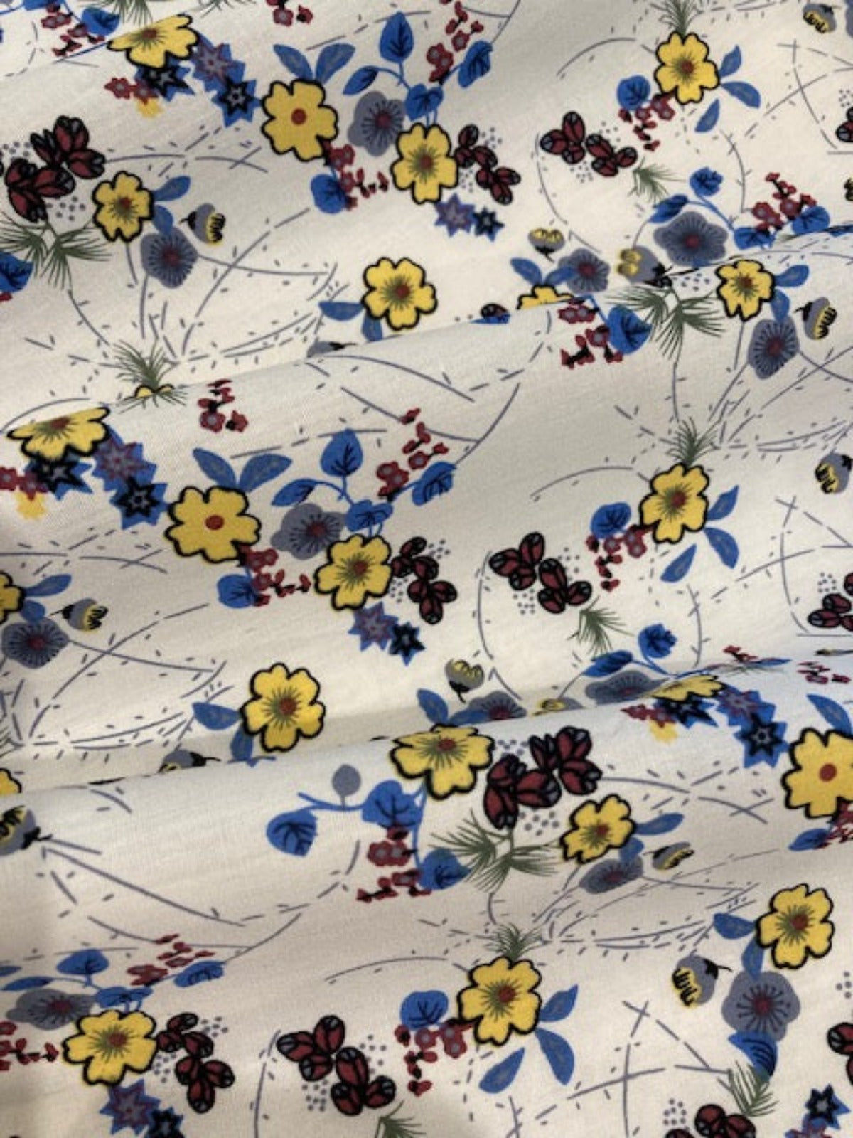 Blue & Yellow Flowers on White Cotton Lawn