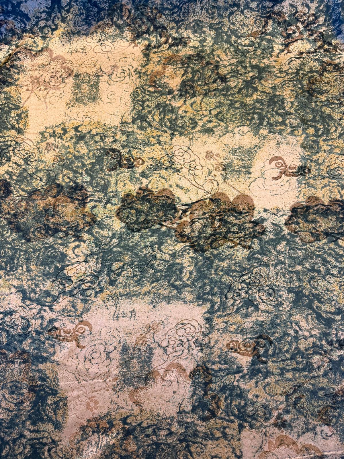 Cream Chinoiserie Polyester Satin Fabric on Green | 140cm Wide