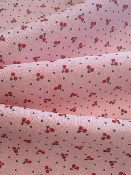 Small Red Cherry on Pink Poly/Cotton