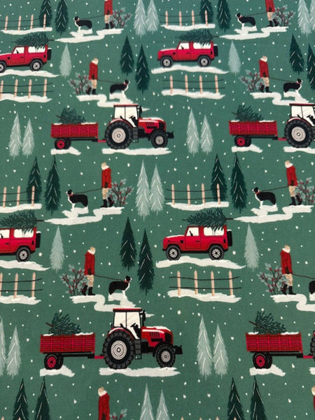 Christmas in the Country Scene on Green Cotton&nbsp;