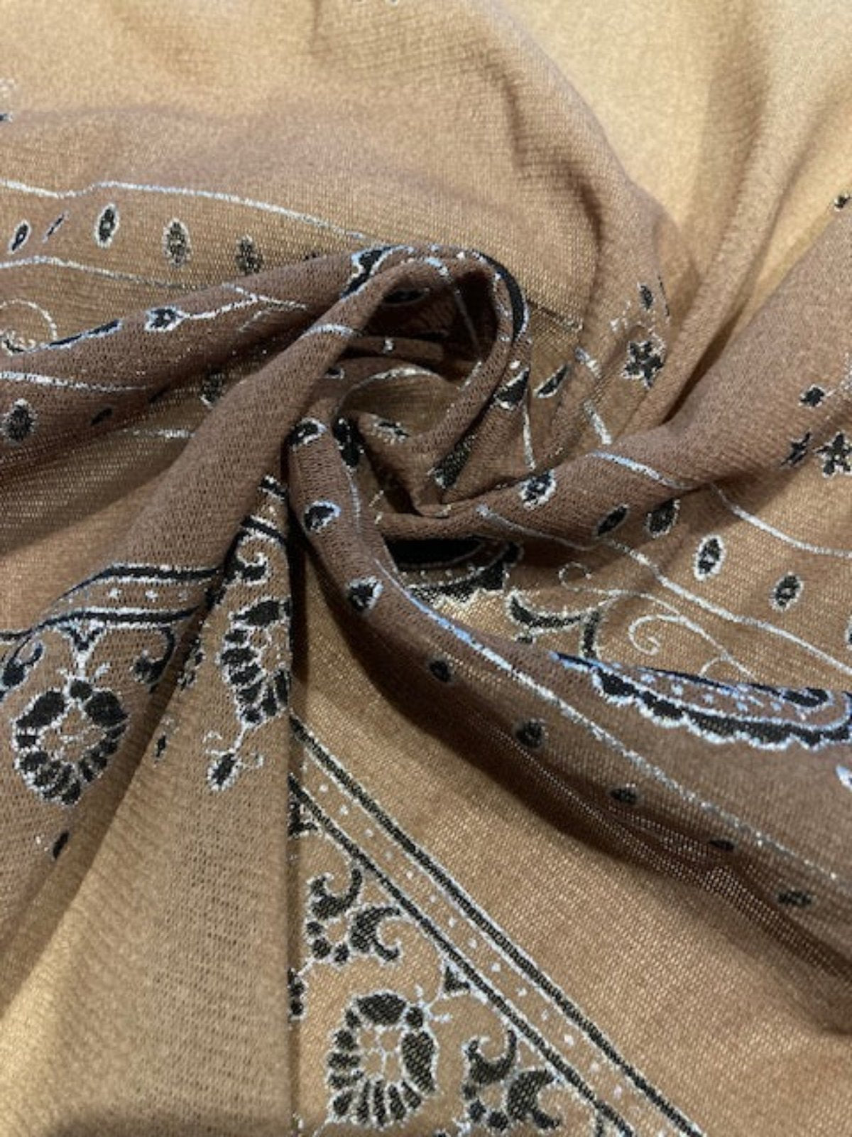 Black & Silver Panelled Paisley on Ombre Coffee Chiffon – Lightweight Statement Fabric