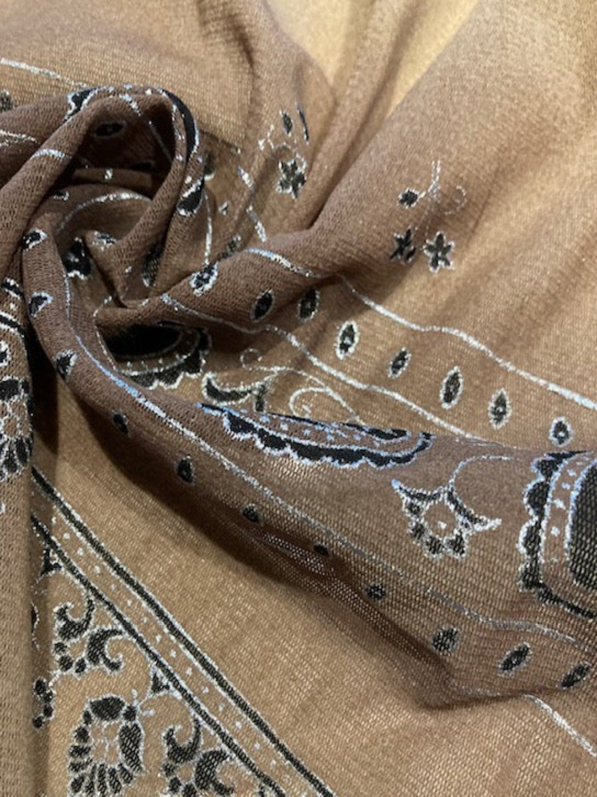 Black & Silver Panelled Paisley on Ombre Coffee Chiffon – Lightweight Statement Fabric
