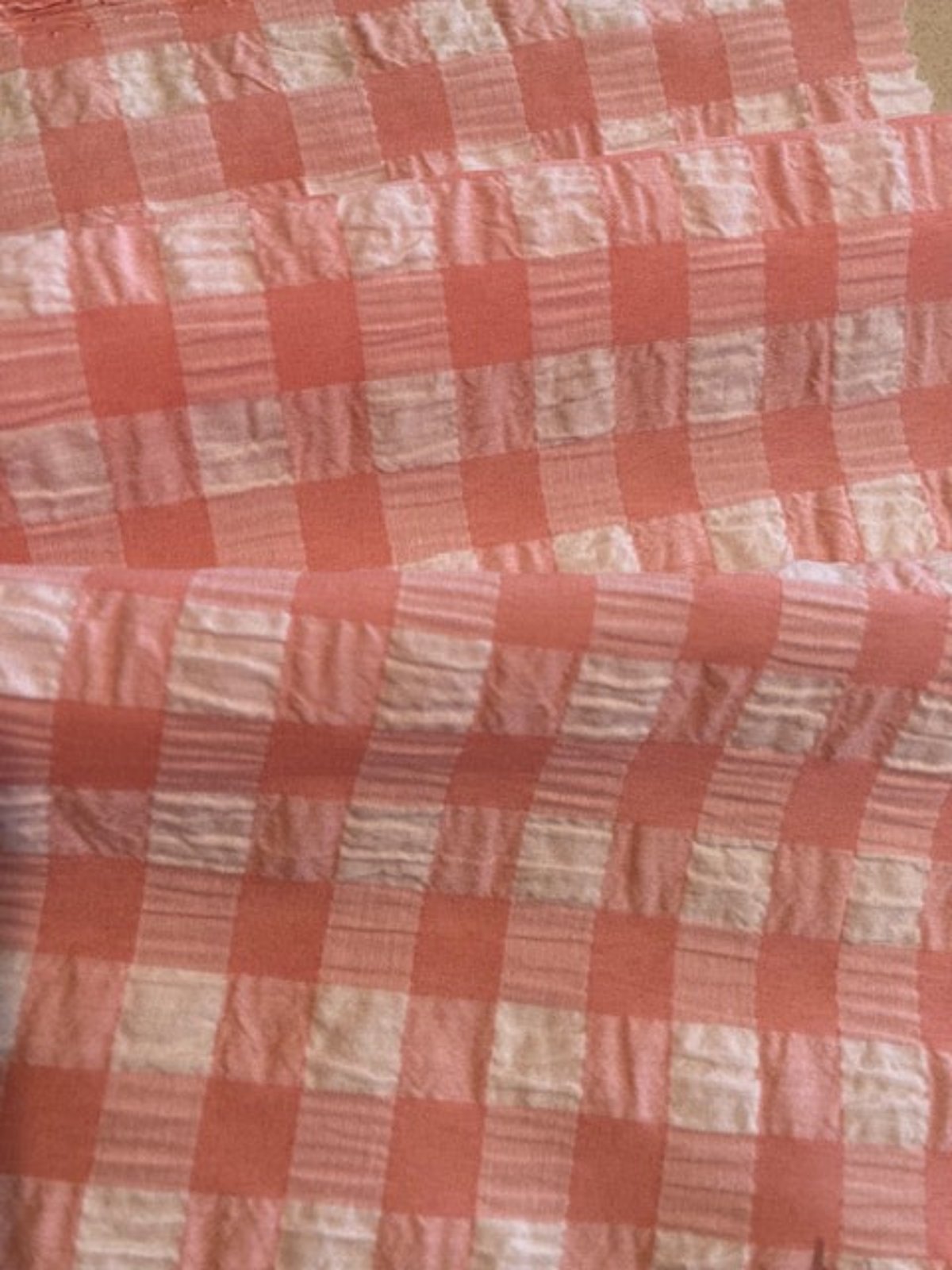 Coral Seersucker 12mm Gingham Check – 65% Polyester 35% Cotton, 145 cm Wide
