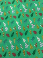 Multicolour Xmas Trees on Lime Poly/Cotton