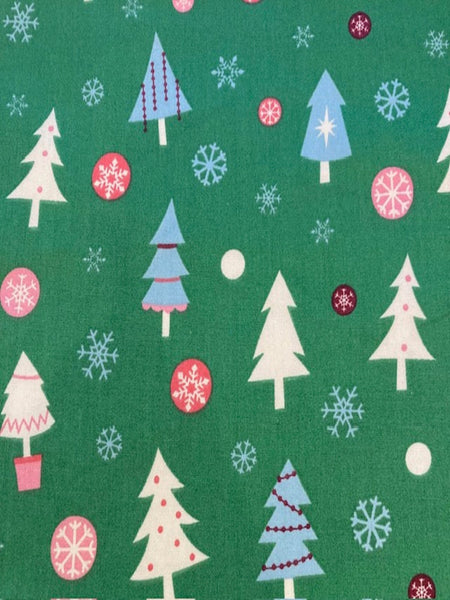 Christmas Trees on Green Cotton Poplin