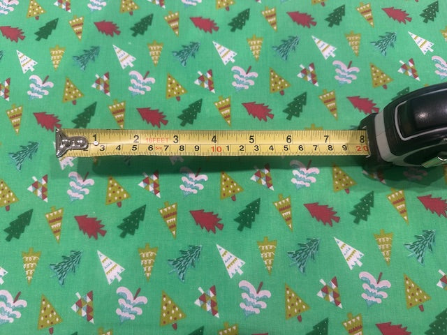 Multicolour Xmas Trees on Lime Poly/Cotton