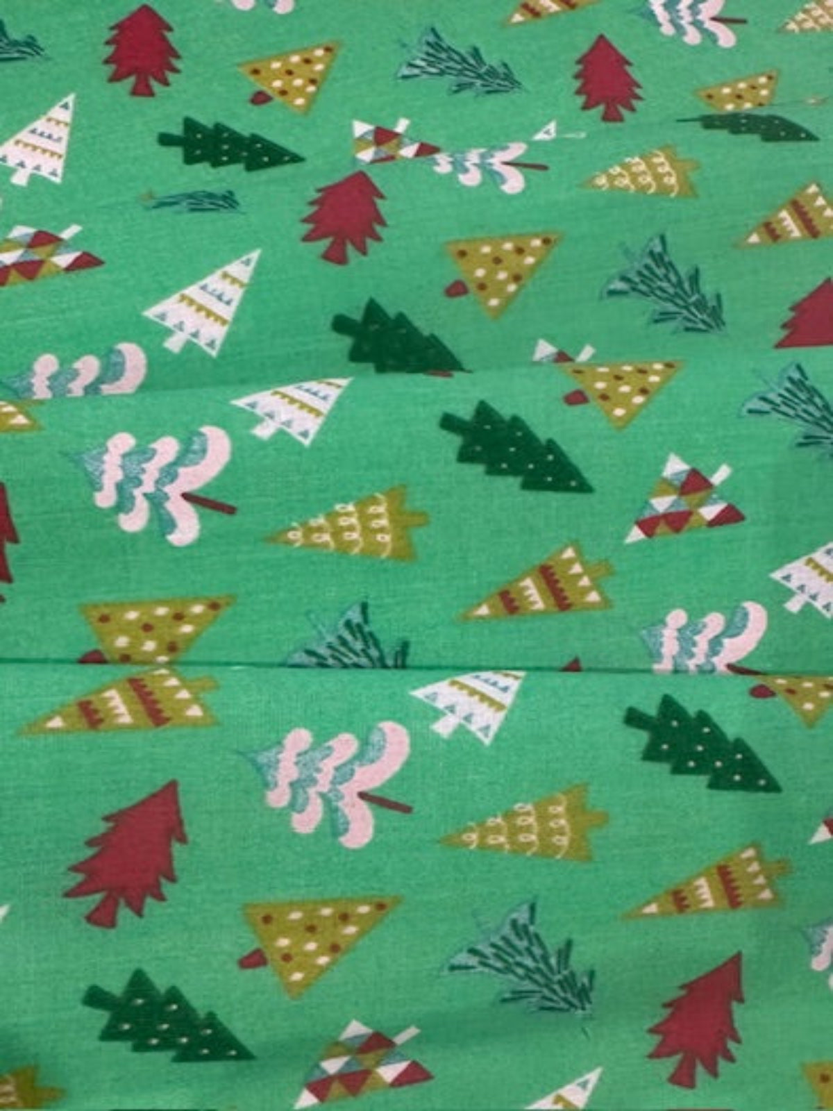 Multicolour Xmas Trees on Lime Poly/Cotton