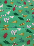 Multicolour Xmas Trees on Lime Poly/Cotton
