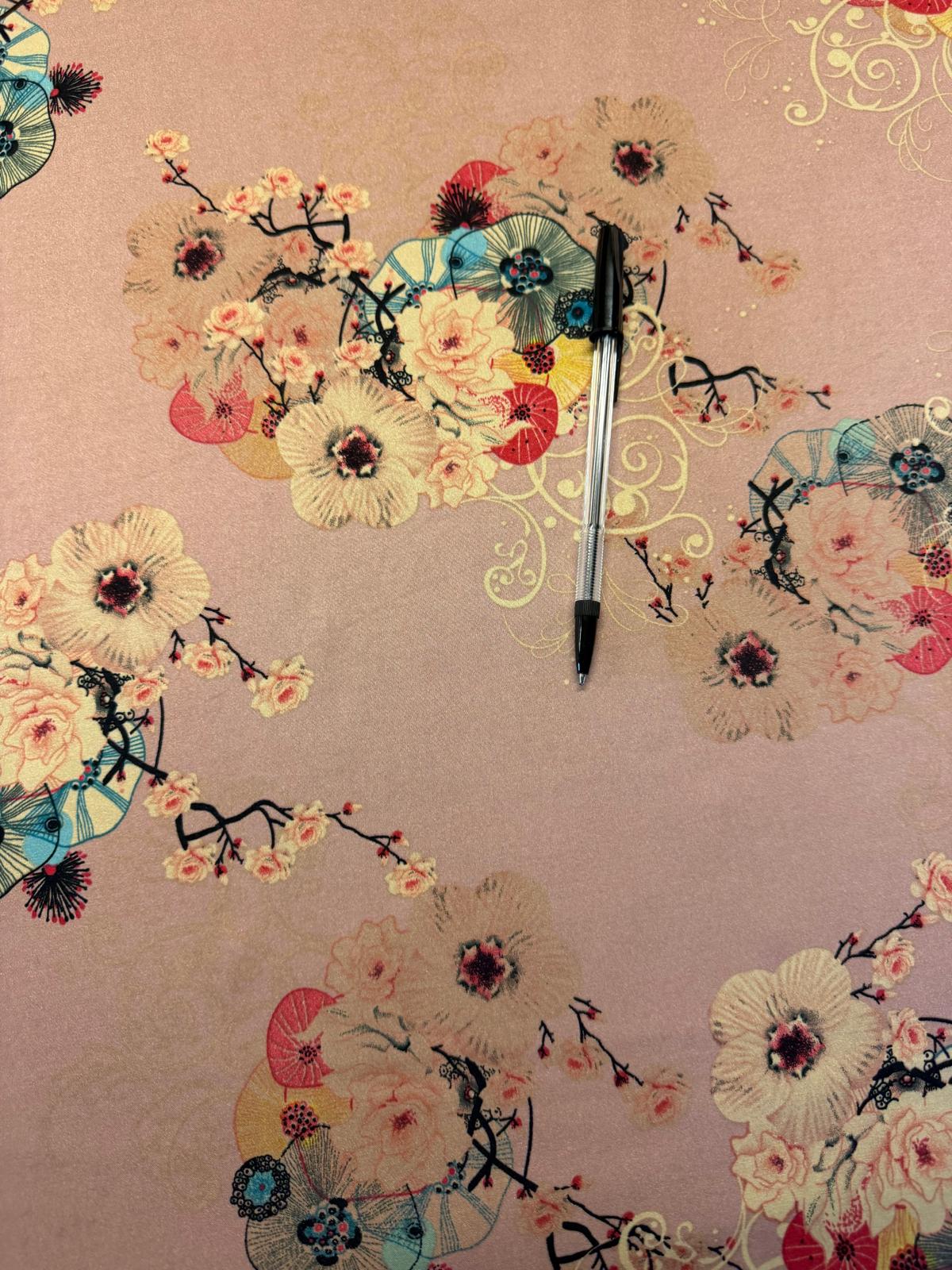 Peach Floral Chinoiserie Polyester Satin Fabric | Silky Dress Fabric | 140cm Wide