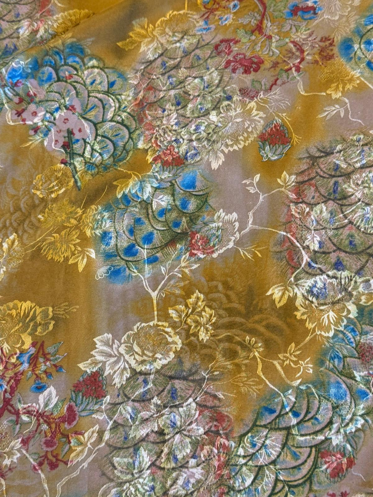 Floral Multicoloured Polyester Satin Fabric on Gold - 140cm Wide