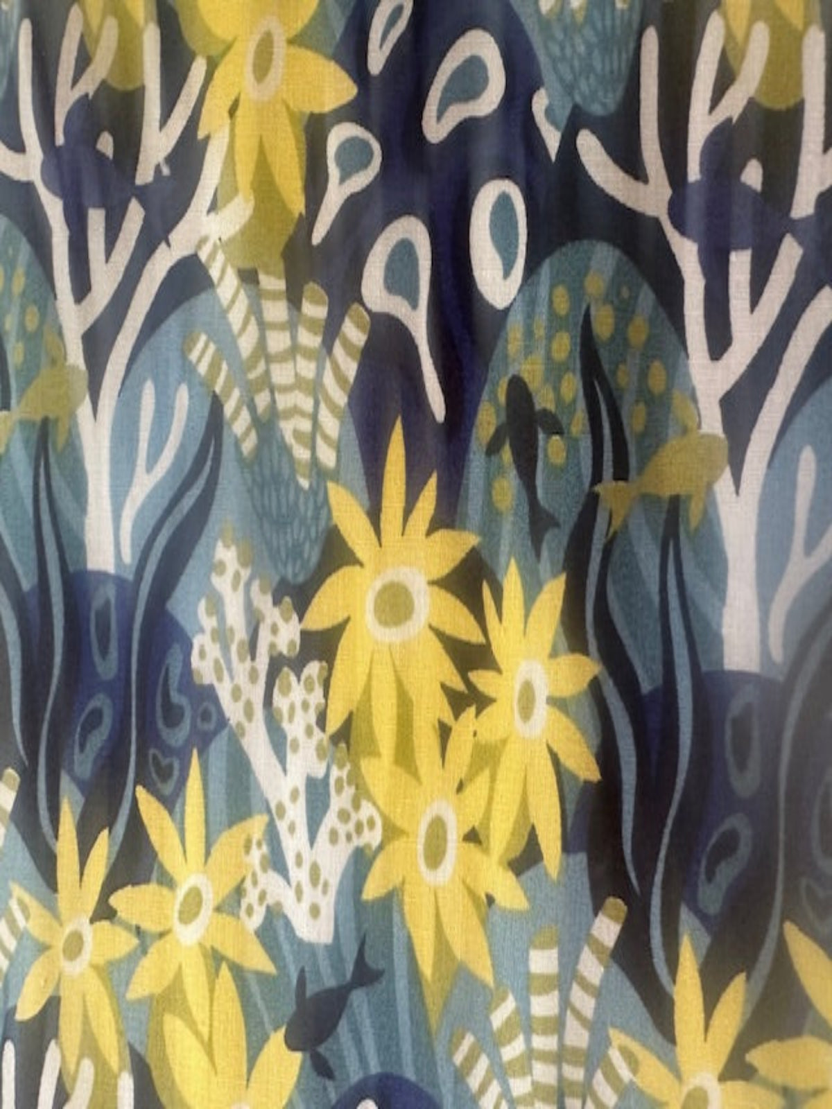Lemon/Blue Flower & Fish Print on Cotton Lawn