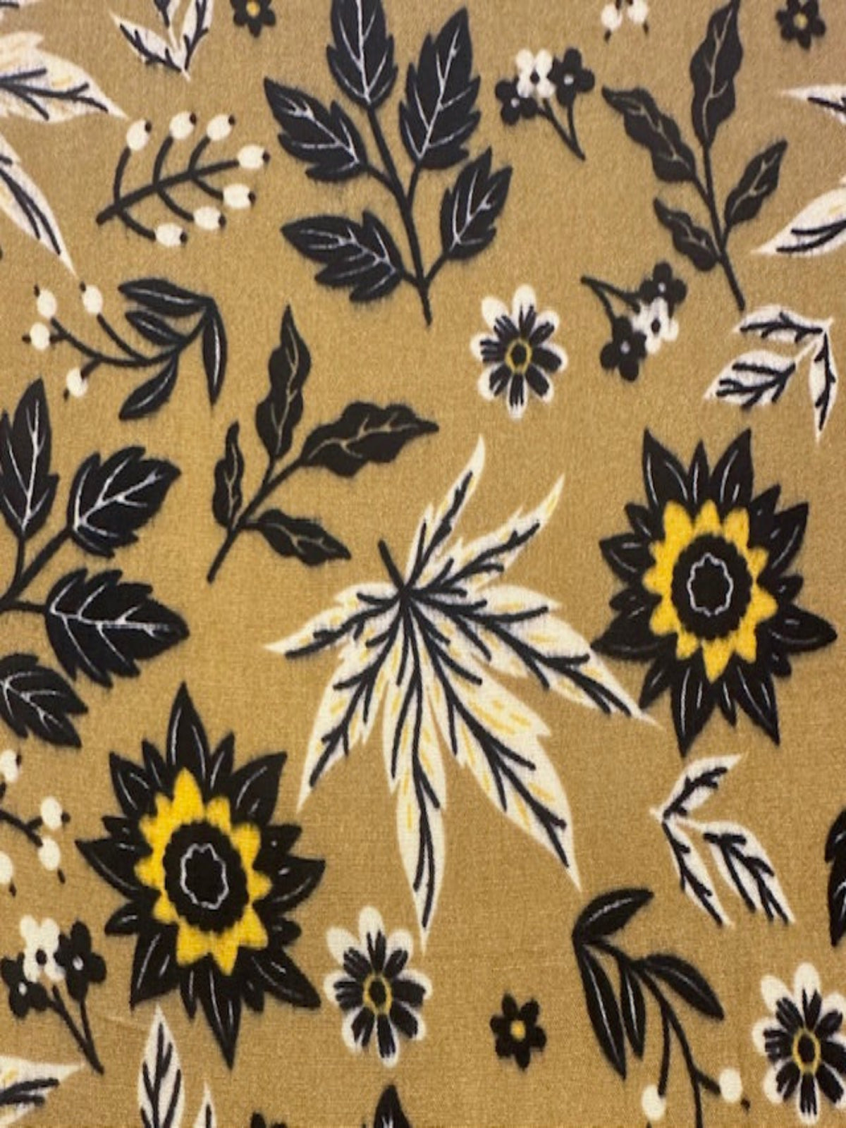 Gold/Black Leaf & Flower Print on Soft Handle Viscose