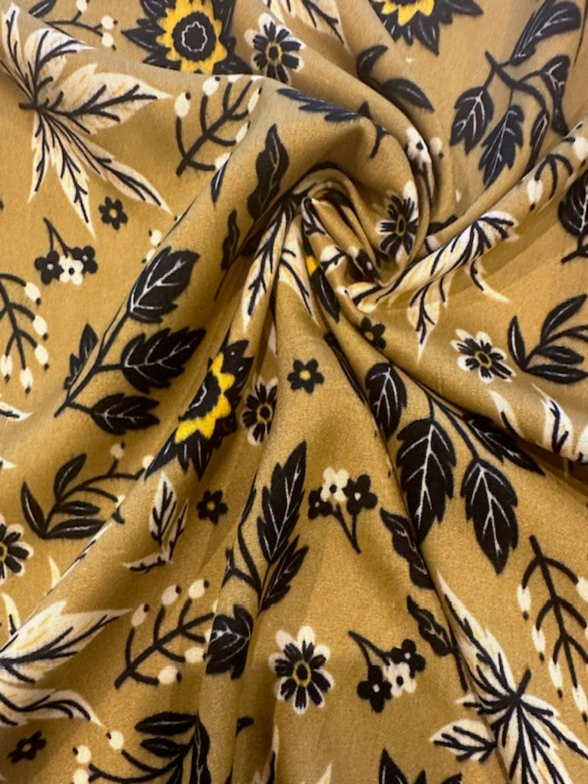Gold/Black Leaf & Flower Print on Soft Handle Viscose